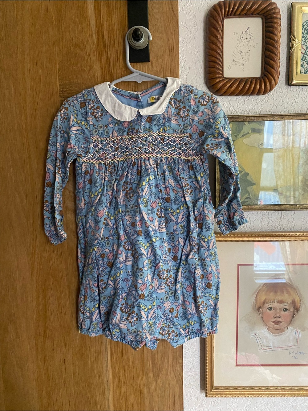 Baby Boden Blue Floral Smocked Long-Sleeve Romper with White Collar